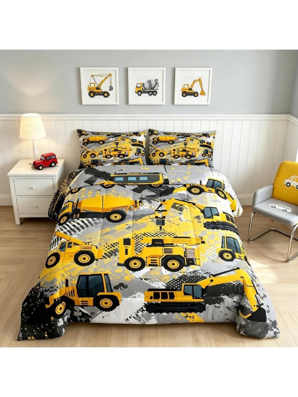 Boys Construction Bedding Set - Full Comforter with Trucks & Excavators, 2